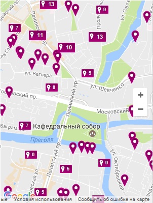 Гостиницы на карте Калининграда